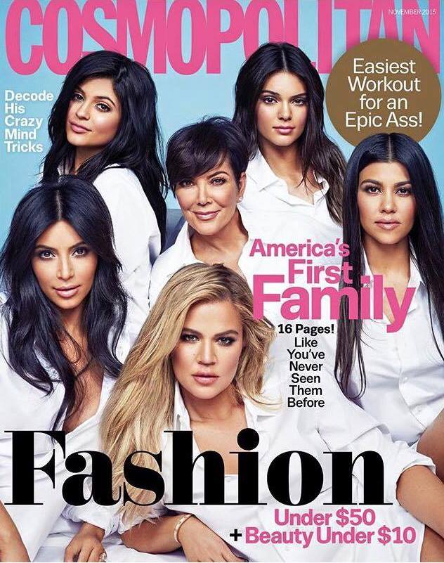 A cover of Cosmopolitan in which the Kardashians are pictured. It includes the title 